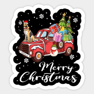 German Shepherd Riding Red Truck Merry Christmas Dog Lover Sticker